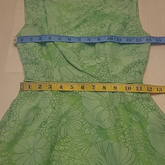 LIKE NEW VTG 1960s Handmade Mod Bright Green Go-go Floral Print Mini Dress - Picture 6 of 17